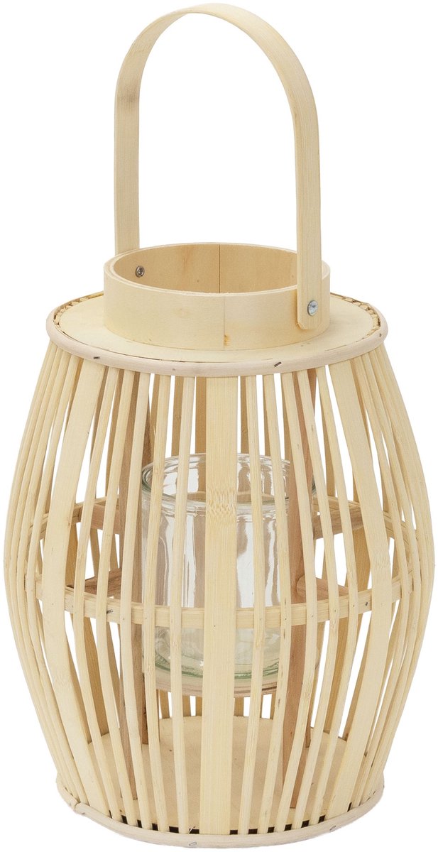Bamboe lantaarn, windlicht H: 44 cm houtkleur, boho tuinlantaarn met handvat & glazen inzet, rieten kaarsenhouder