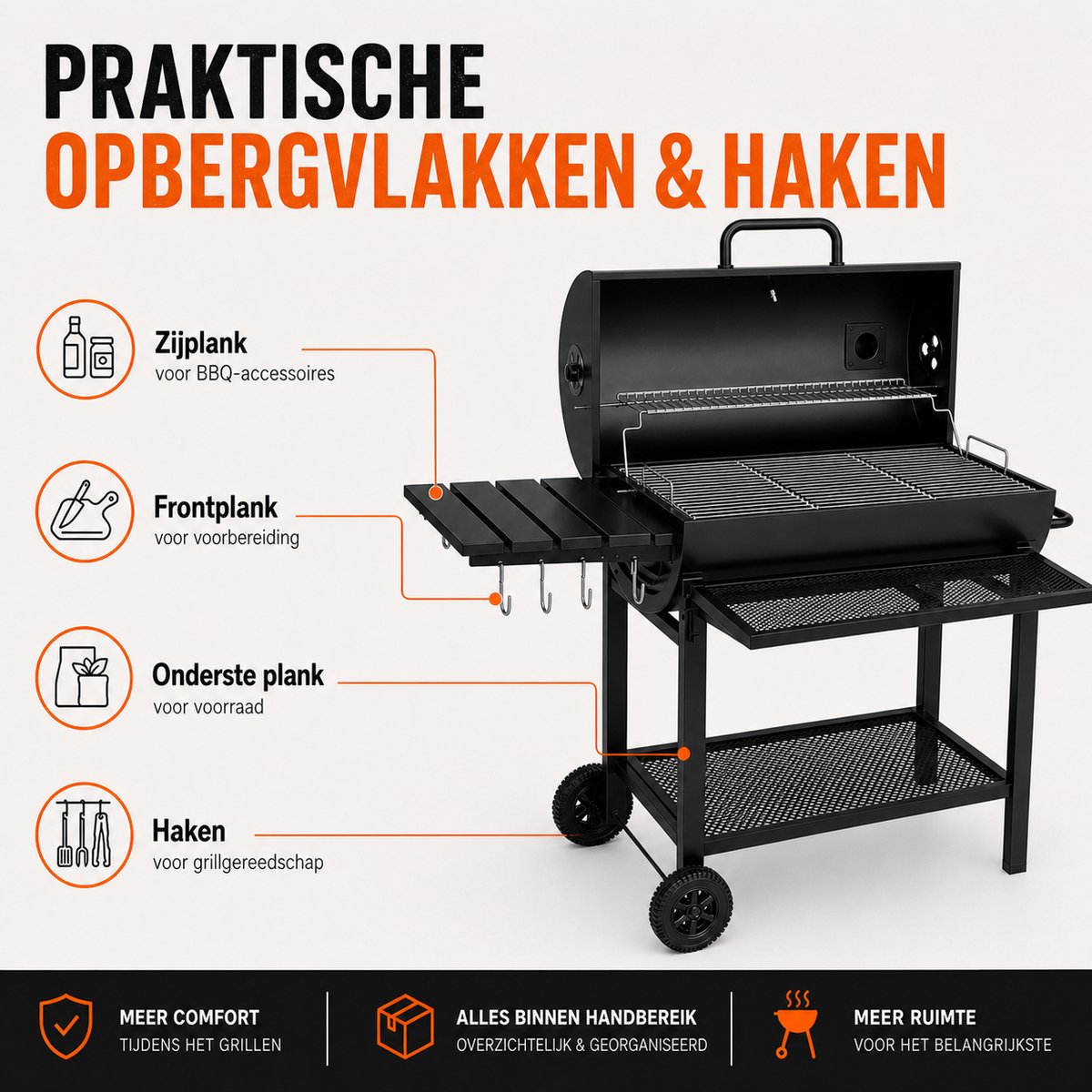 Houtskool BBQ - Smoker Barbecue XL - BBQ met Wielen - 70x37cm Grilloppervlak - Zijpanelen - Zwart – foto 2