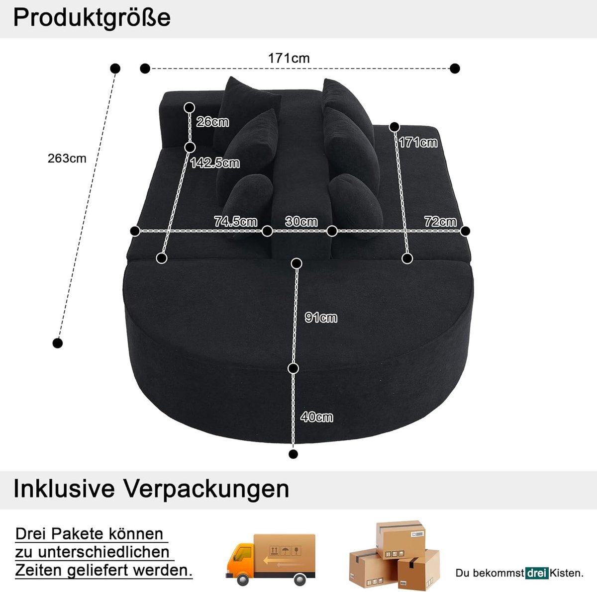 Slaapbank 5-zits L-vorm modulair cloud couch – Arqam NoirCloud Boneless Sofa 263x171 cm – moderne chenille bank zonder frame, diepe zit, slaapfunctie, geen montage, zwart – luxe cloudbank woonkamer