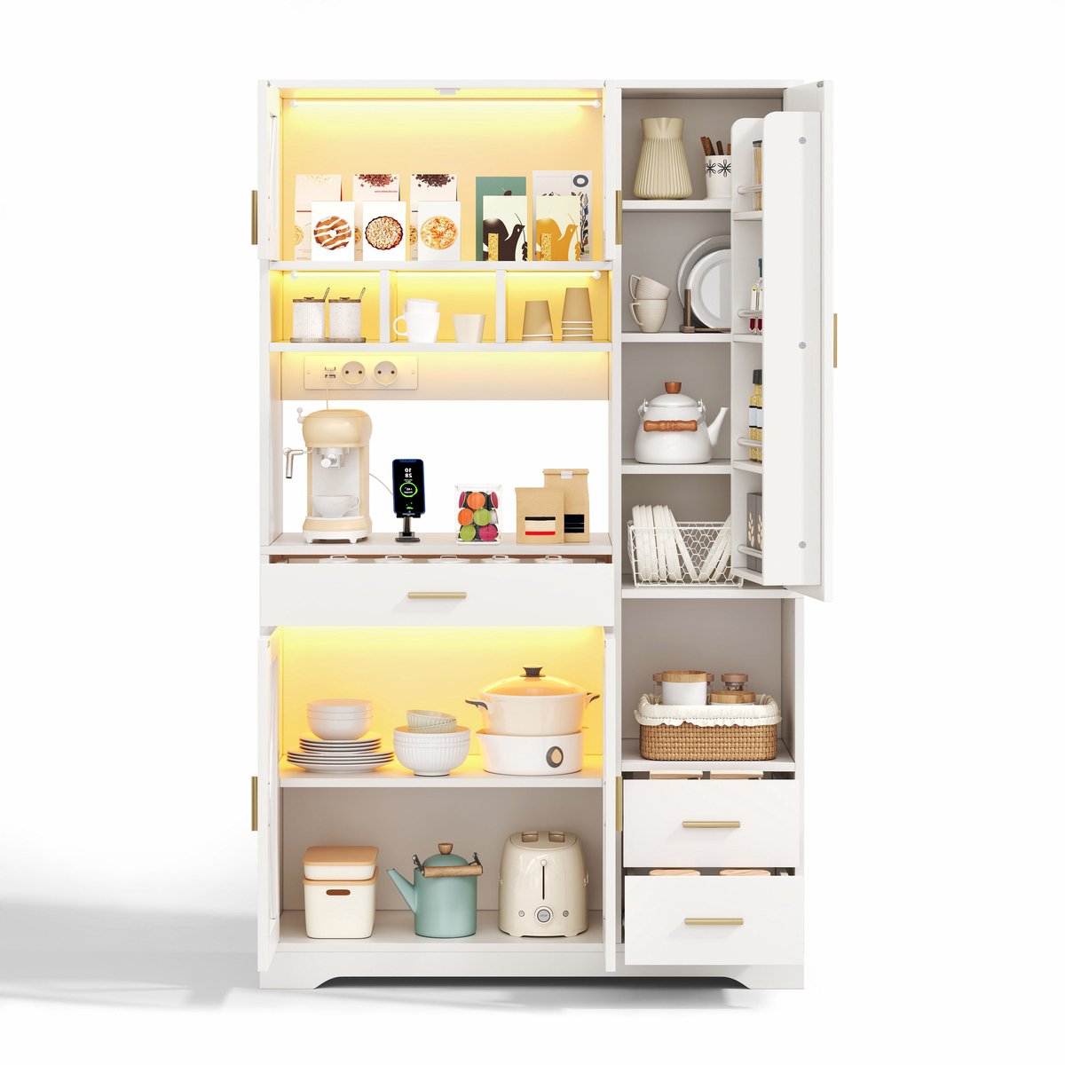 Merax Keukenkast 185 cm - Buffetschrank met LED Verlichting en Stopcontacten - Vitrinekast met Glazen Deuren en Opbergruimte - Keukenkast met Lade en Verstelbare Planken - Wit