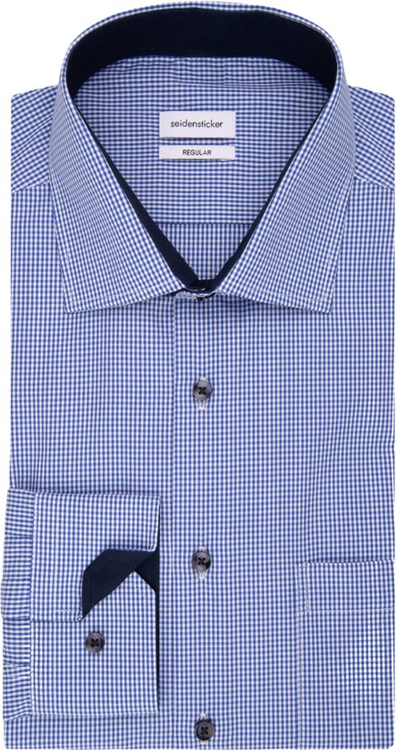 Seidensticker regular fit overhemd - popeline - blauw geruit - Strijkvrij - Boordmaat: 47