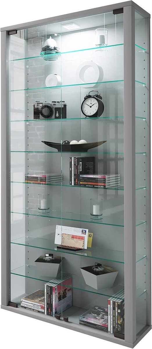 Wandvitrine Glas - Muurkast Display - Decoratie Presenteren - 8 Glazen Leggers - 114x59x18 cm - Zilver