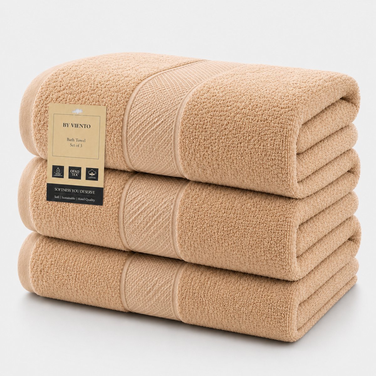 By Viento Luxe Handdoeken XL – Set van 3 – 70×130 cm – Beige – Hotelkwaliteit – 100% Katoen – 600 g/m²
