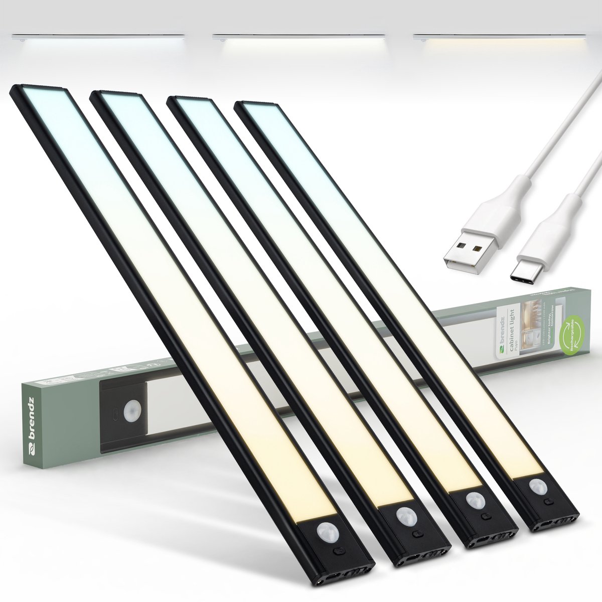 Brendz LED Kastverlichting met Bewegingssensor, USB-C Oplaadbare Led-Strip, 3 Kleurtemperaturen, Dimbaar, Draadloos, Magnetische Verlichting voor Kasten, Gangen, Slaapkamers, 4 x 40cm, Zwart