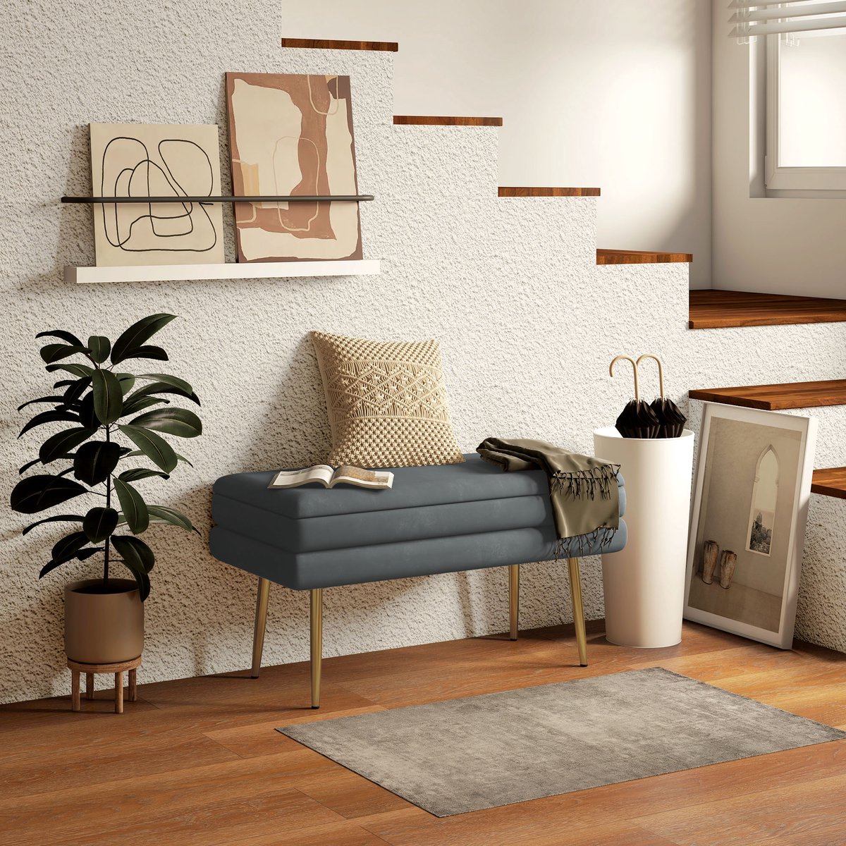 Wishdor - Opbergbank - Gevoerde Zitting En Verborgen Opbergruimte - Stalen Poten - Modern Ontwerp - Voor Slaapkamer Of Woonkamer - Polyester Met Fluweellook - Donkergrijs - 79,5 X 37,5 X 43 Cm