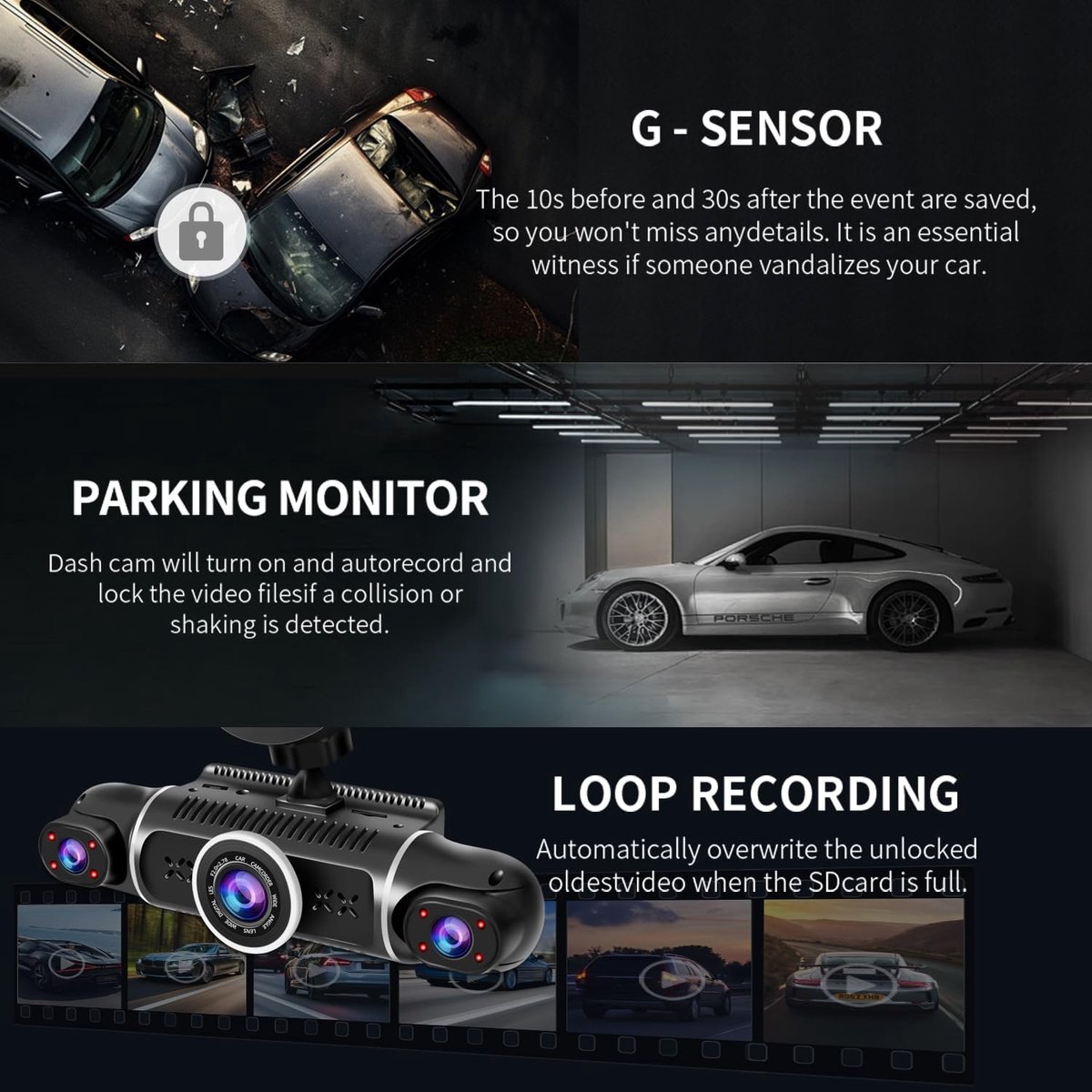 Dashcam - Dashcam voor auto - Dashcam voor auto voor en achter - 360° - 8 IR-lampen Nachtzicht - WiFi, GPS, G-sensor - 24/7 Parkeermodus – foto 4