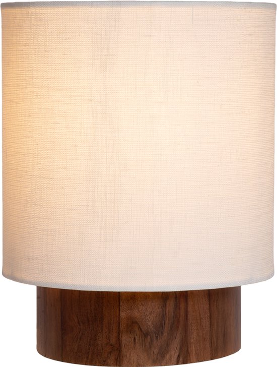 Atmooz Ramos S Tafellamp – H26 cm – Scandinavische tafel lamp binnen – decoratieve tafellamp woonkamer – exclusief lichtbron – sfeervolle tafelverlichting met bruine houten voet en witte linnen kap – modern Japandi design – bruin en wit