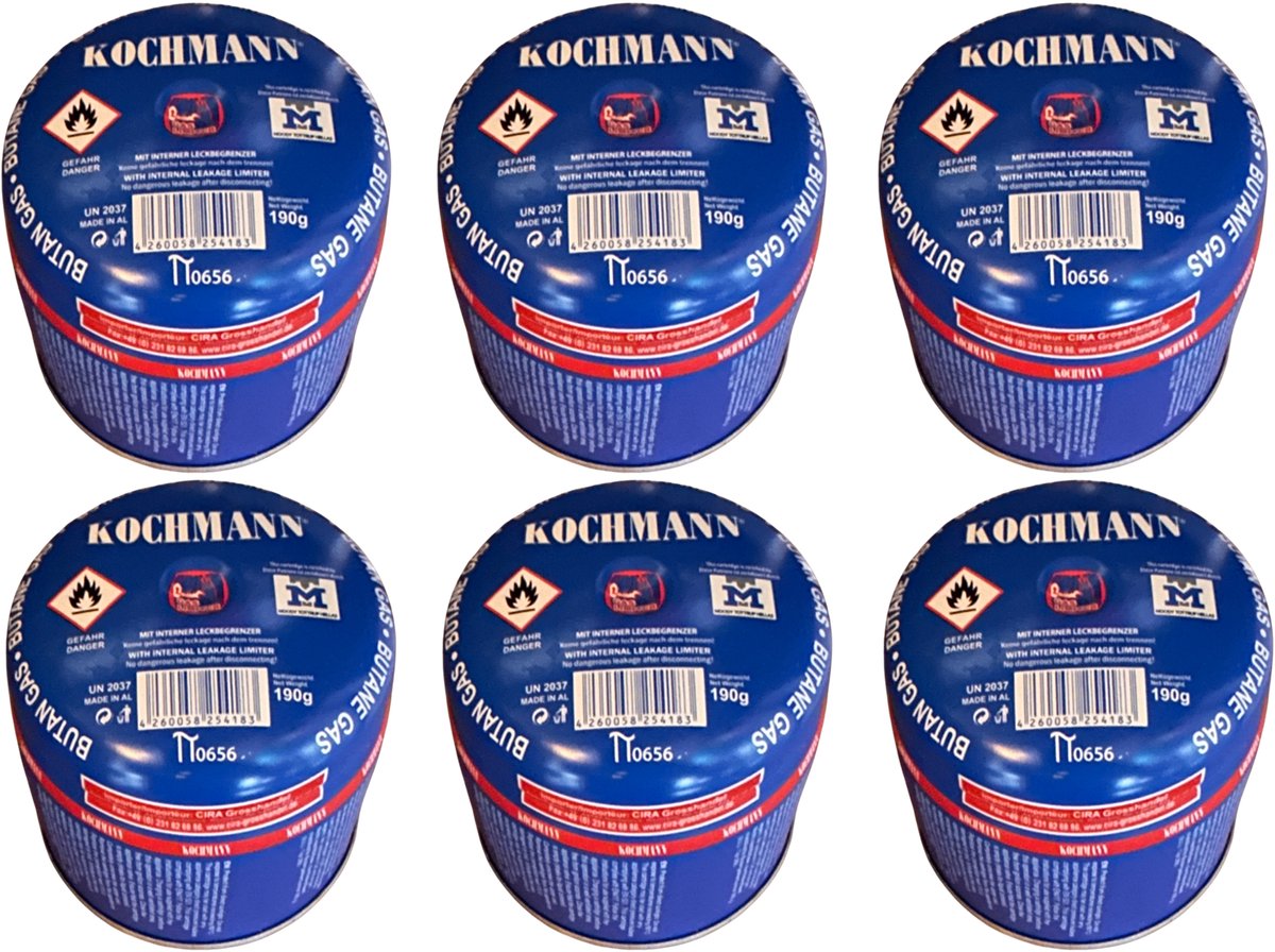 Kochmann - 6 stuks - Gaspatroon - 190g - Prikcartouche - Butaangas - Gasfles - Camping - Gaskoker - Gasbrander