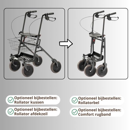 Grijze rollator met mandje en dienblad. Links de standaard rollator, rechts de opgevouwen rollator.