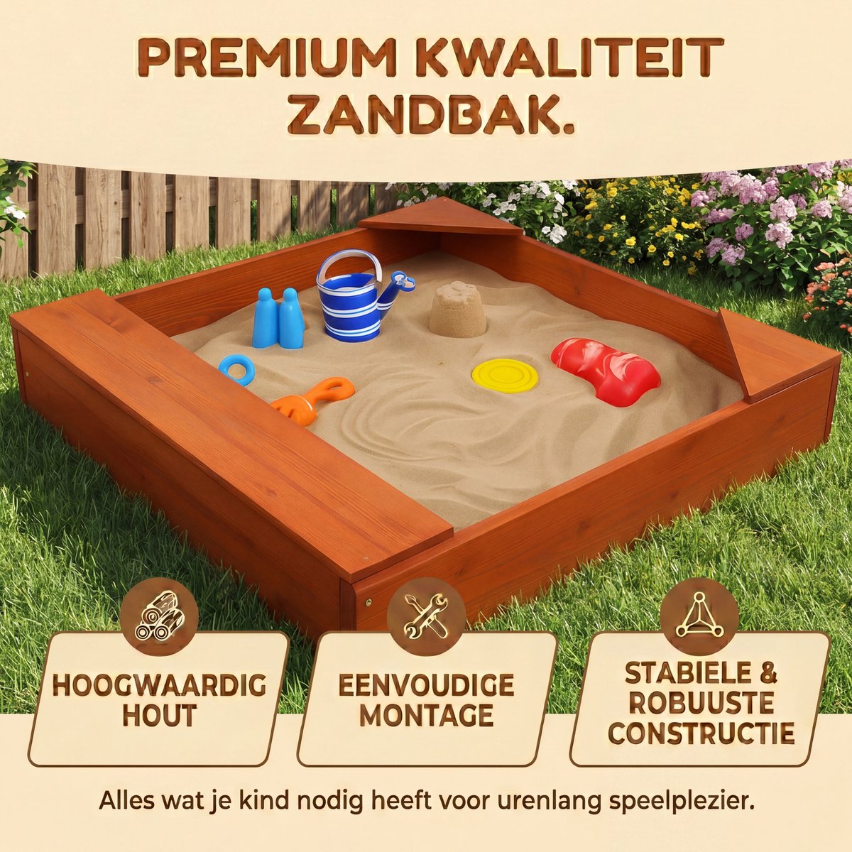 Outbee Zandbak - Zandbak met deksel - Hout - Incl. Afdekzeil - Zitplekken Voor Kinderen - 102x96x15cm — afbeelding 3