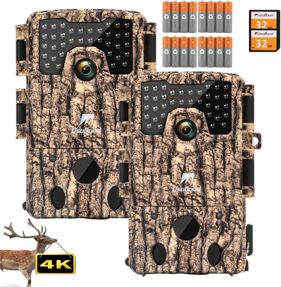 Usogood Wildcamera met Nachtzicht voor Buiten - 4K Ultra HD 48MP - 120° opnamehoek - Nachtcamera - Incl. 32GB SD & 8 Batterijen - 2Stuks