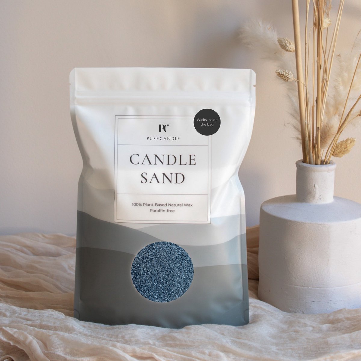 PureCandle Kaarsenzand met Lonten – Donker Blauw – 450g (740ml) – 30 Lonten – Kaarsenset - Navulset voor Kaarsendecoratie Decoratiezand - origineel cadeau - Poederkaars - Kaarspoeder - Kaars parels