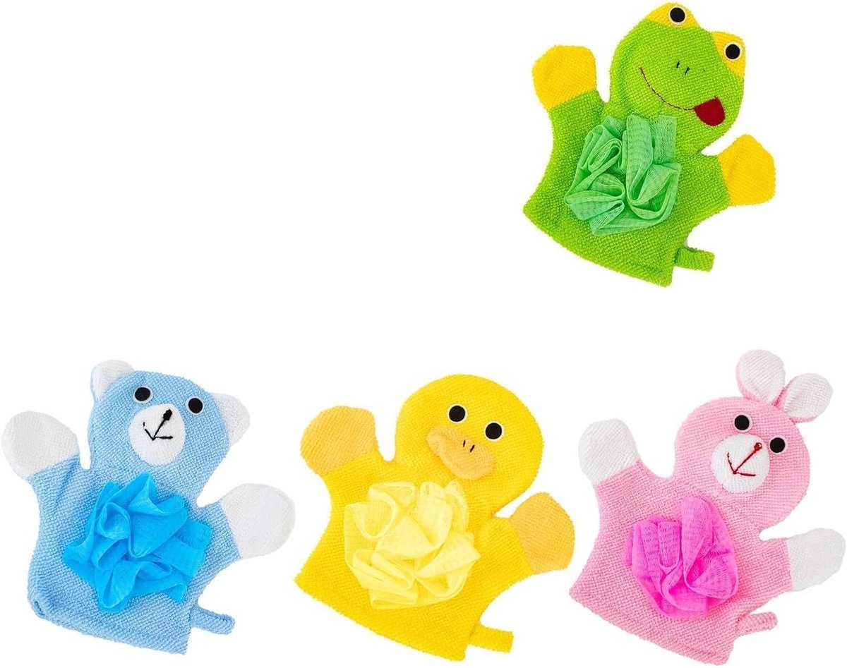Set van 4 Baby Shower Handschoenen met Dierenmotief voor Lichaamspeeling, Zachte Exfoliërende Badhandschoenen, 22 x 23 cm, Perfect voor Babyverzorging en Ontspanning