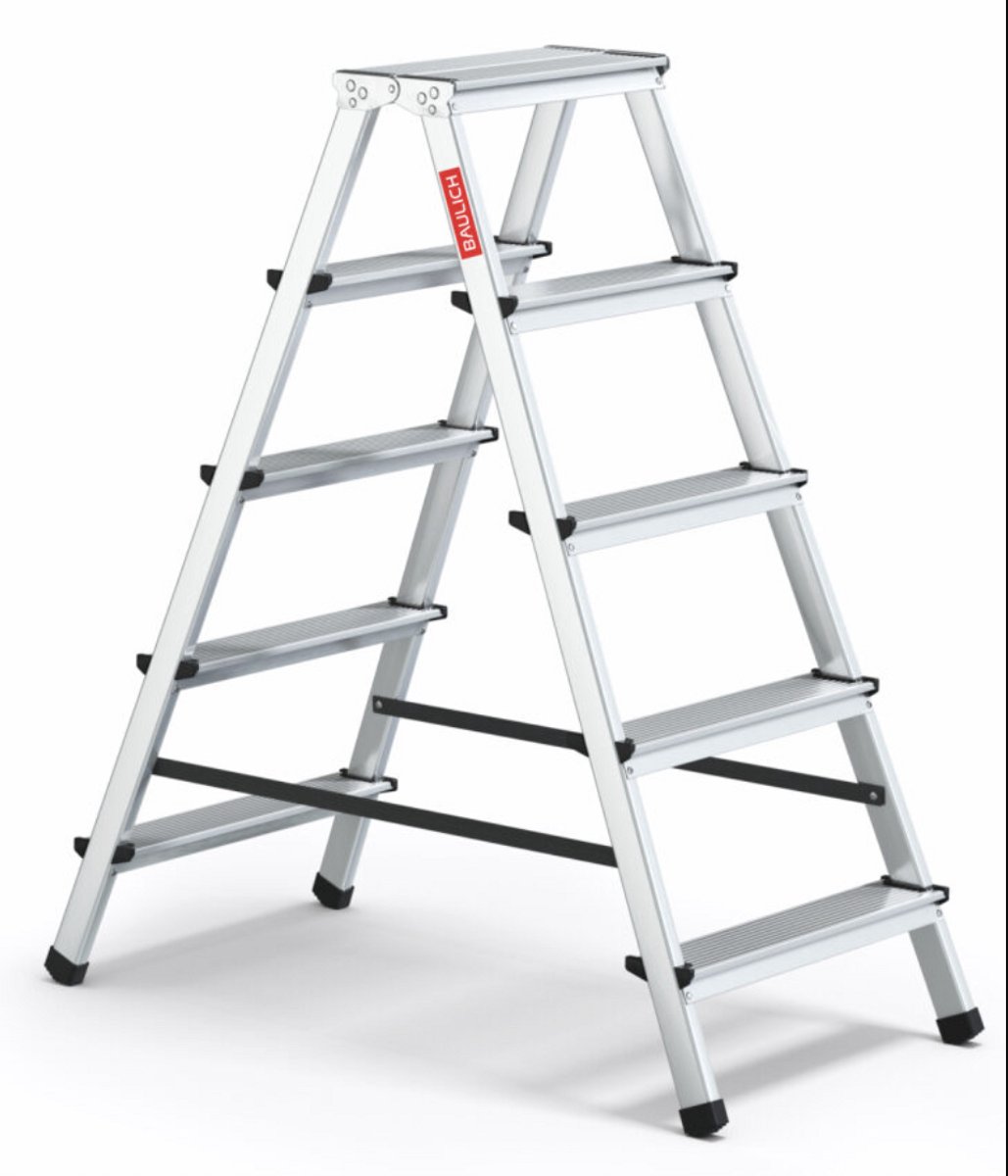 Baulich Keukentrap aluminium opvouwbaar - 5 treden dubbelzijdige huishoudtrap met antislip - werkhoogte 262 cm, 120 kg draagkracht