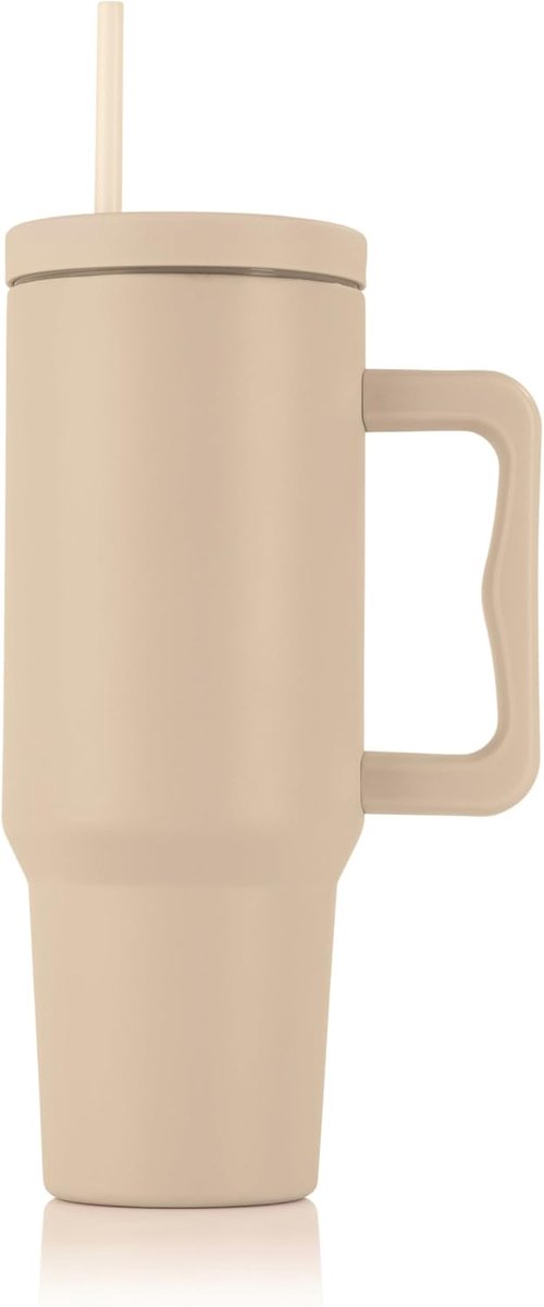 GOURMETmaxx thermobeker met rietje en handvat | 1,2 l koffiebeker voor onderweg | Thermobeker met 2-in-1 deksel | Lekvrije beker, beige