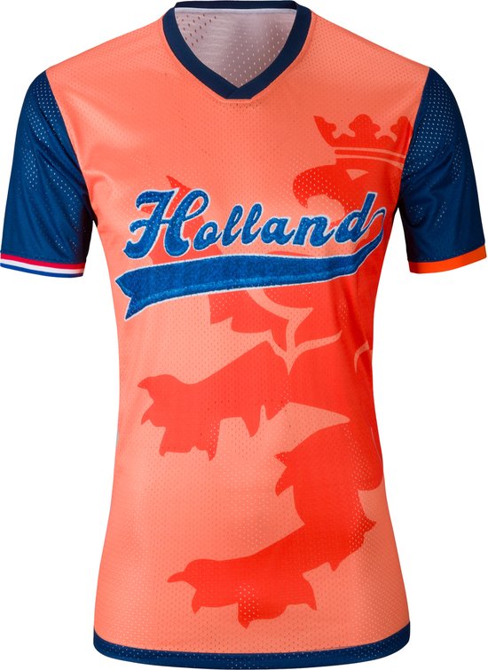T-shirt orange de supporter avec inscription 'Holland', imprimé de lion et manches bleu foncé.