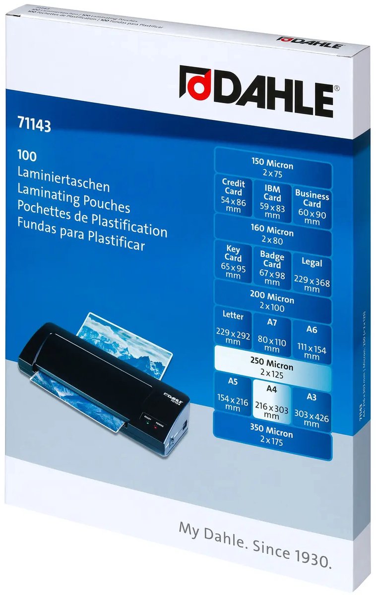 DAHLE Lamineerhoes | A4 | 2 x 125 micron | Glanzend | 100 stuks | 216 x 303 mm | 71143