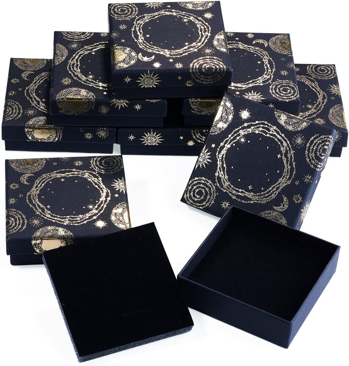 SnelShoppen - 10 Stuks Galaxy Gedrukt Kartonnen Geschenkdozen - Zon Maan Ster Thema - Sieraden Opbergdoos Vierkant met Spons Binnen - 7,5 x 7,5 x 3,45