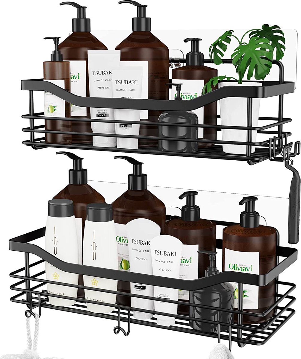 Doucherek Zonder Boren Set van 2 – Zelfklevend RVS Doucheplank met 5 Haken – Zwart – Roestvrij Badkamer Organizer – Wandrek voor Shampoo & Douchegel – Sterk Ophangrek voor Badkamer, Douche en Keuken