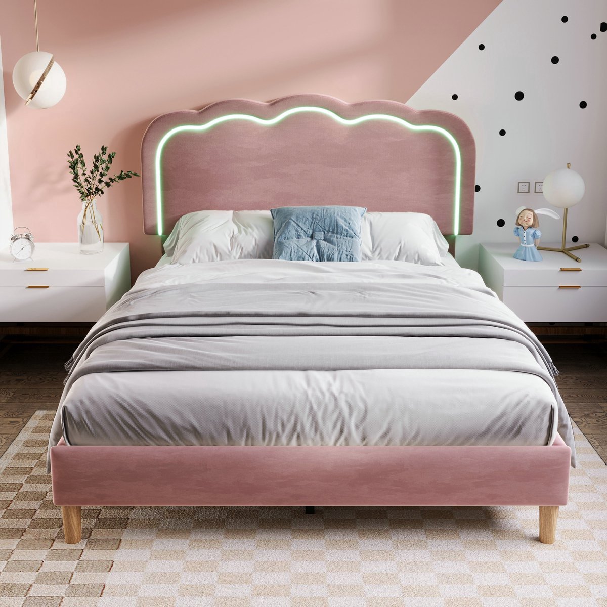 VVBV Gestoffeerd bed 140x200 / Tweepersoonsbed 140x200 – met LED-Verlichting, Lattenbodem – Hoofdbord – Tienerbed – Fluweel – Roze – Tienerbed 140x200