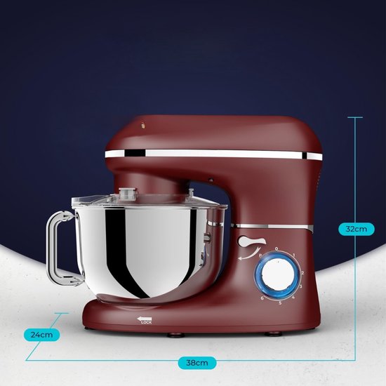 YOR® Deegmachine - Elektrische Deegmixer - Keukenmixer - 6,2L - Mixen en Mengen- Rood - 38cm x 24cm x 32cm ; 6.34 kg van Yor — afbeelding 5