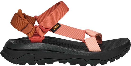 Sandales Teva noires avec brides orange et rose pâle, vues de côté.