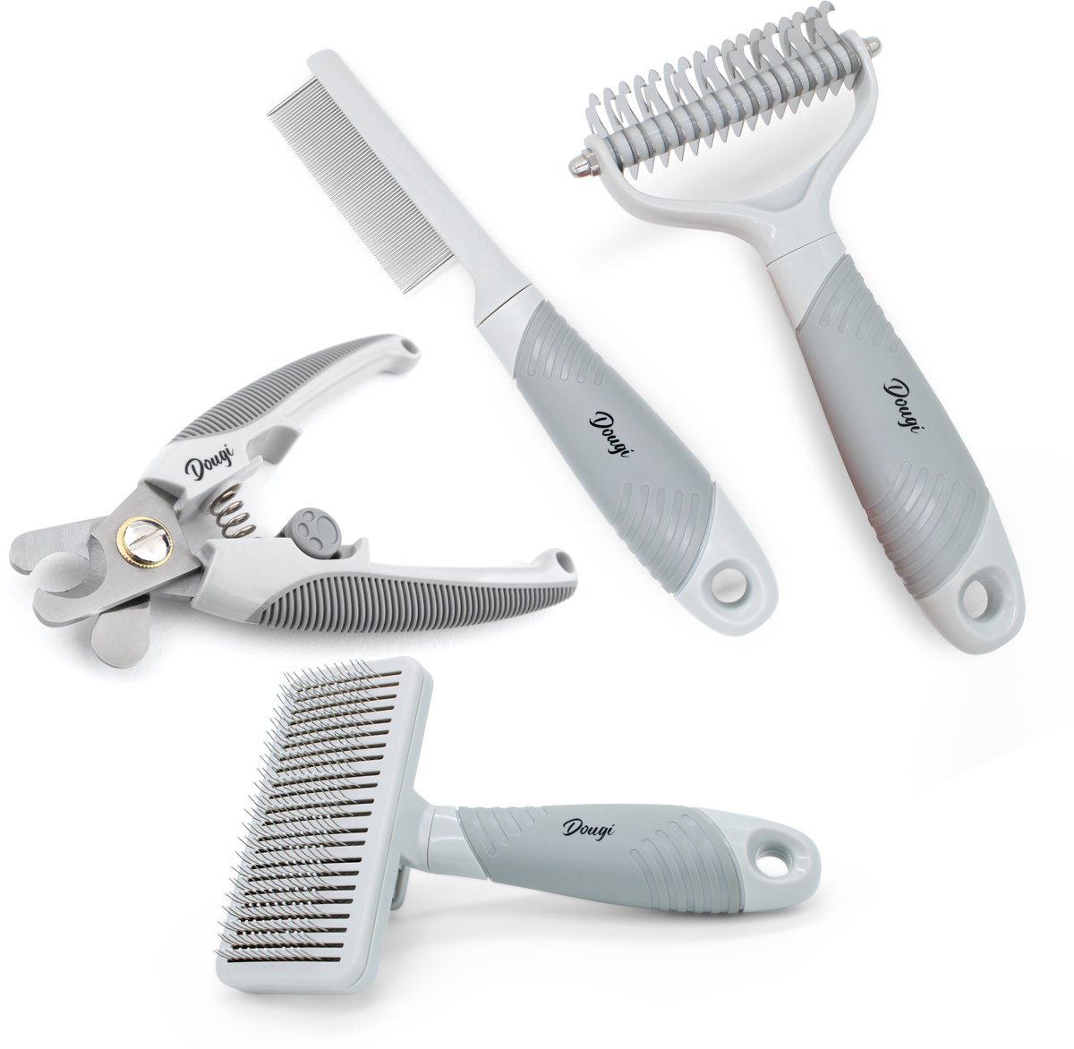 Dougi - Complete Verzorgingsset 4-in-1 – Slickerborstel Zelfreinigend + Nagelknipper + Ondervachtkam + Vlooienkam – Hondenborstel & Kattenborstel – Lang- & Kortharig – Inclusief Gratis E-Book