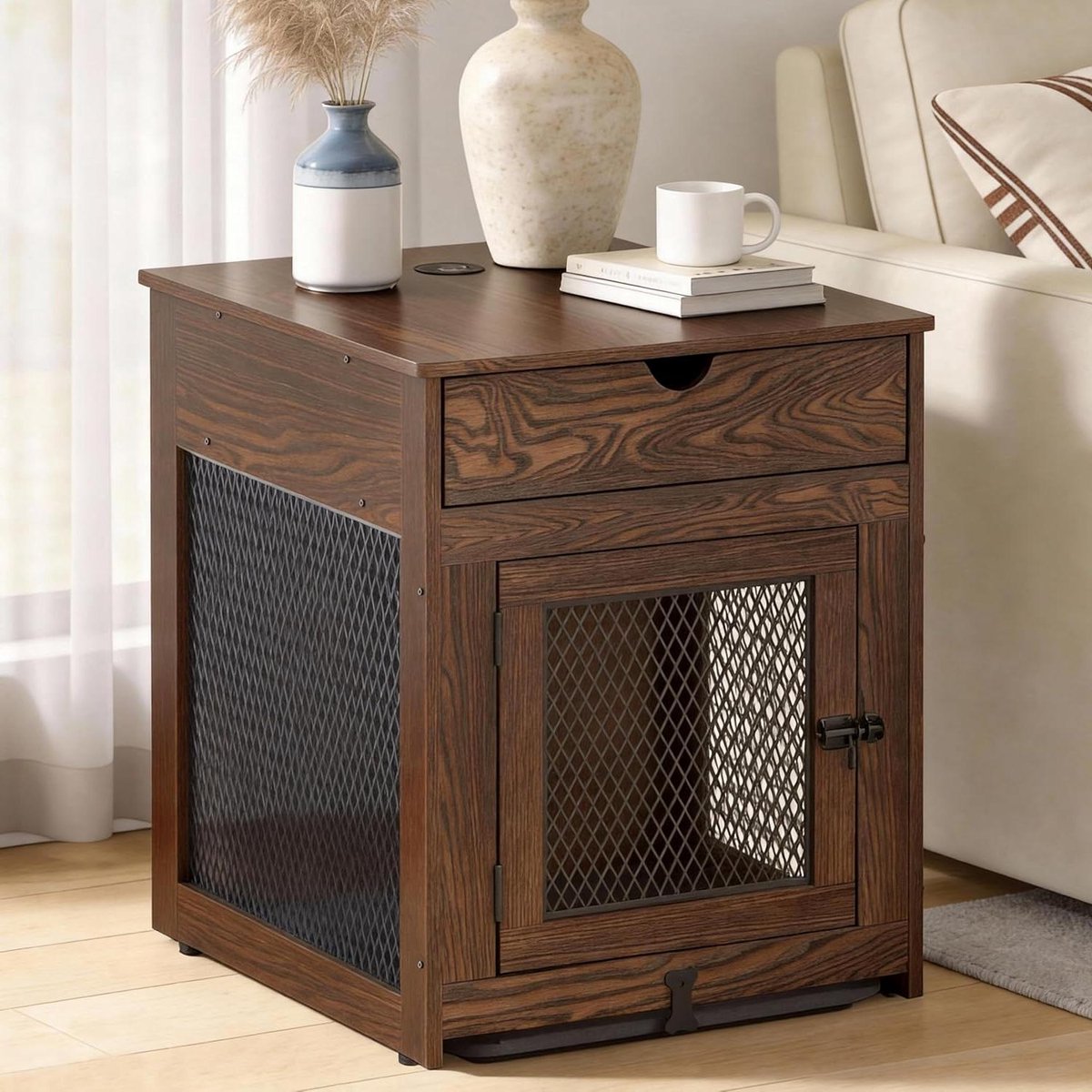 Hondenbench Meubel - Hondenhok Bijzettafel - Huisdier Comfort - Geïntegreerde Oplaadfunctie - 24"L*18"W*20"H - Rustiek Bruin