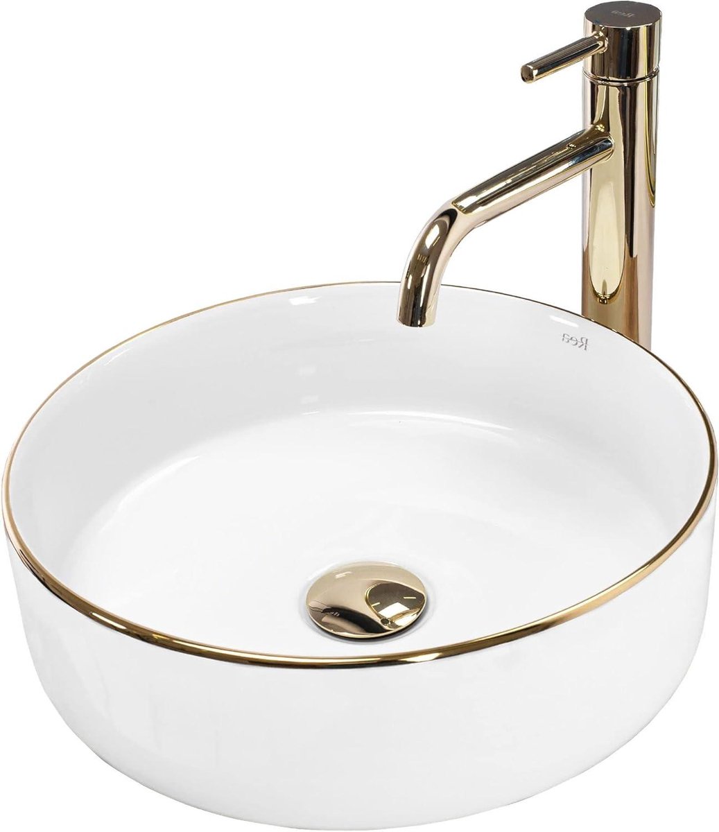 Opzetwastafel Keramiek - Handwasbak Wastafel - Badkamer Inrichten - Goudkleurige Rand - 36 x 36 x 11.5 cm - Wit