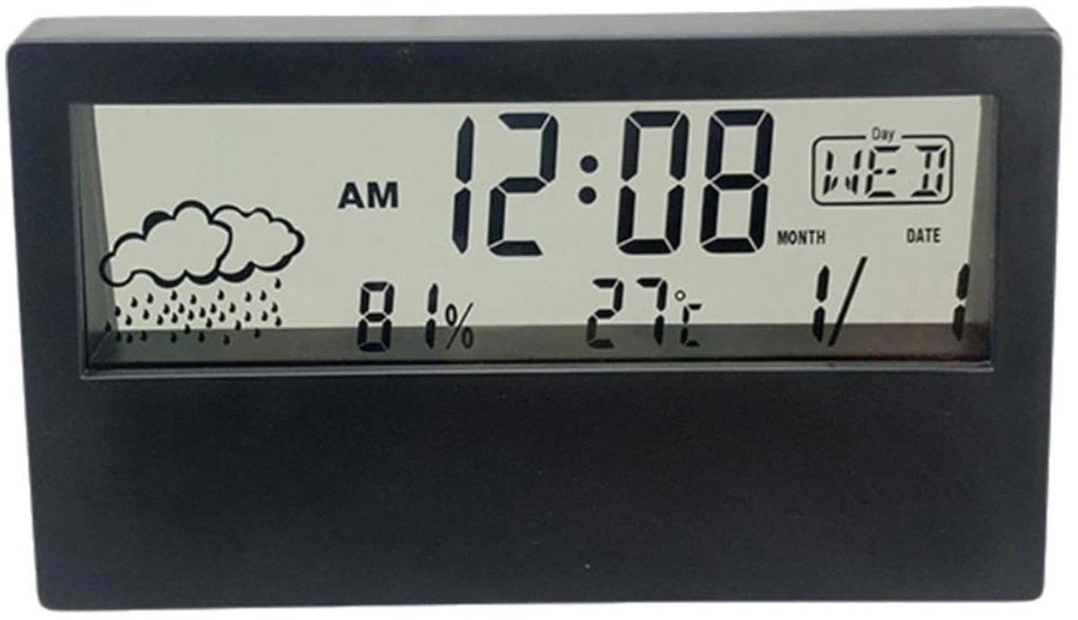 carmdering - Digitale Wekker met Transparant Display – Batterijgevoede Tafelklok met Alarm, Datum, Temperatuur en Luchtvochtigheid – Modern & Compact Design voor Slaapkamer en Bureau - zwart