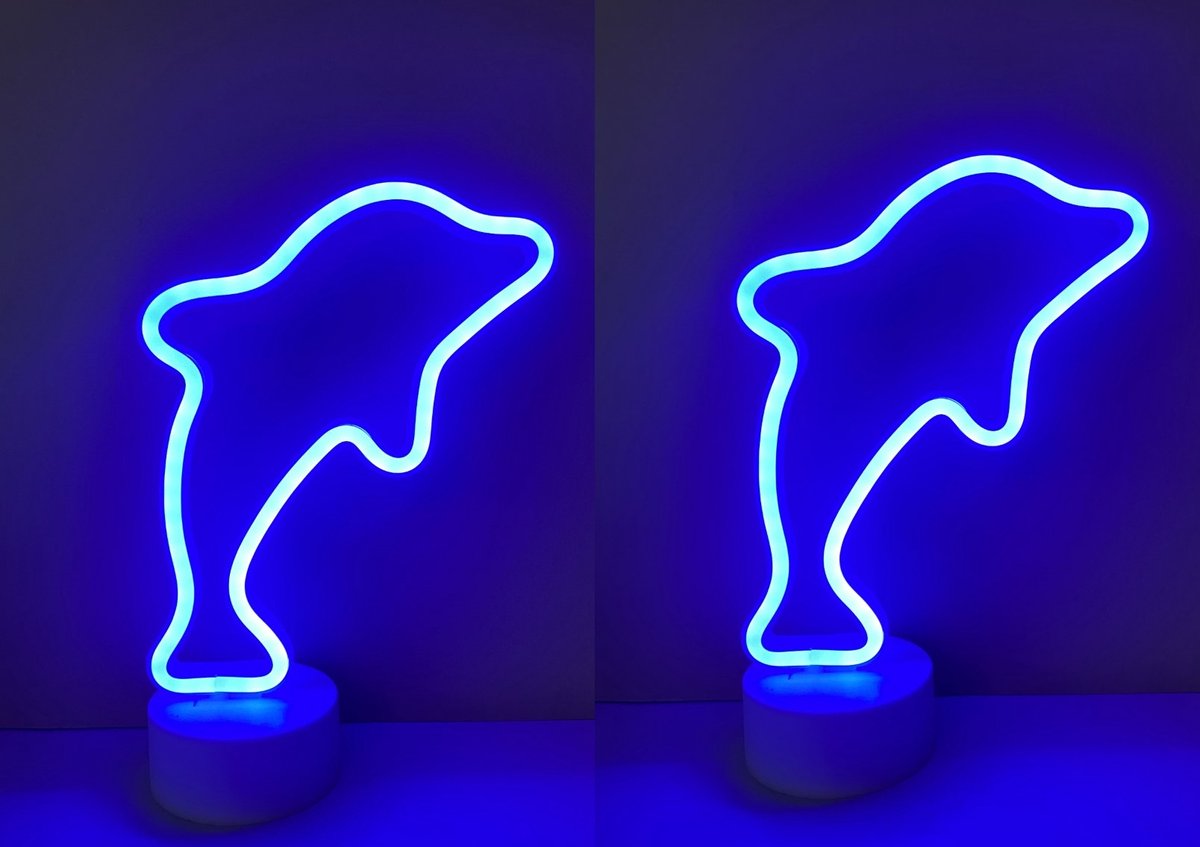 LED dolfijn met neonlicht - Set van 2 stuks - blauw neon licht - Op batterijen en USB - hoogte 26.5 x 17 x 8.5 cm - Tafellamp - Nachtlamp - Decoratieve verlichting - Woonaccessoires