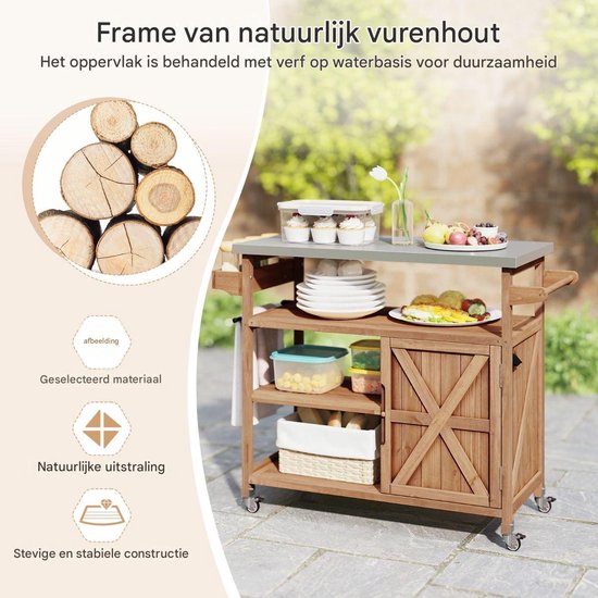 Buitenkeuken op Wielen - BBQ Trolley - Met Opbergkast & Planken - Werktafel voor Buiten - Hout & Metaal - Multifunctioneel - Koffie + Zilver van Merkloos — afbeelding 4