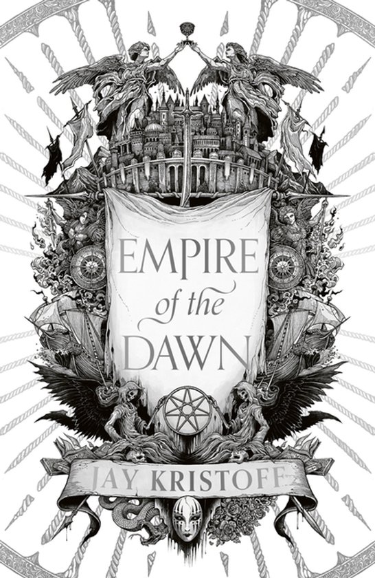 Boekomslag 'Empire of the Dawn' van Jay Kristoff met engelachtige figuren, een stad, schepen en demonische wezens.