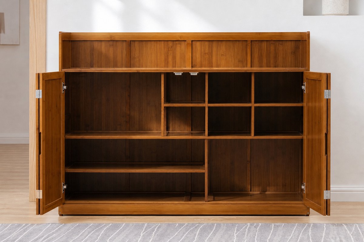 XL Bamboe Schoenenkast met Deuren – 5-Laags Hoge Schoenenrek Organizer voor 24-32 Paar – Ruimtebesparend Smal Design voor Hal, Entree & Woonkamer – 117x33x100 cm | Ganeey
