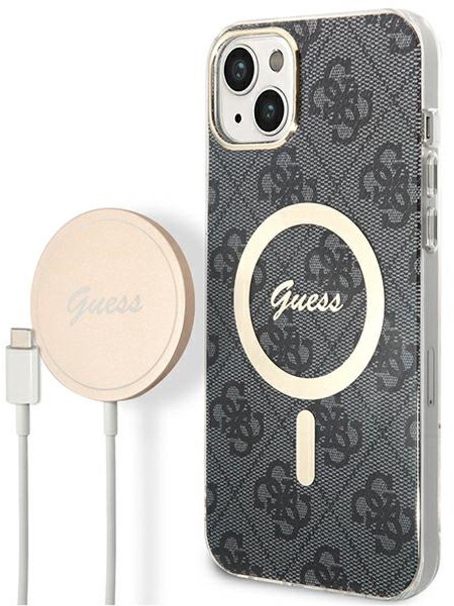 Guess - set - MagSafe oplader + hoesje voor iPhone - 14 - 6.1 - zwart - 4G - Print - (GUBPP14SH4EACSK)