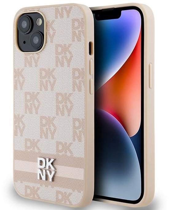 iPhone 15 Plus hoesje leer roze DKNY etui hardcase bescherming dambordpatroon luxe design