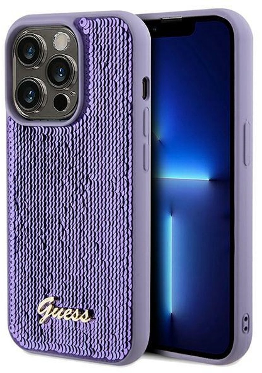 Guess - Sequin - Script Metalen hoesje voor iPhone - 13 - Pro / 13 - paars