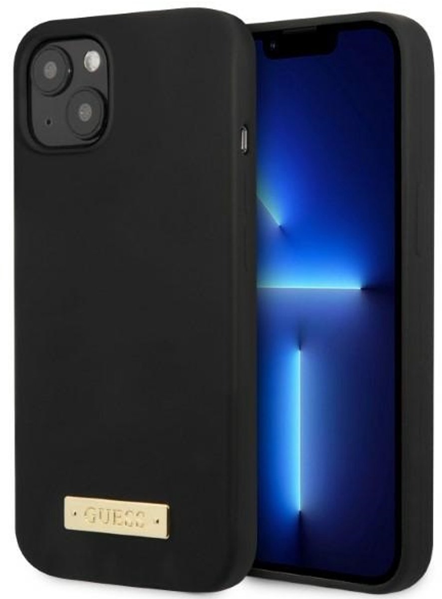 Guess - GUHMP13MSPLK - iPhone - 13 - 6.1 - zwart/zwart - hardcase - siliconen - logoplaat - MagSafe
