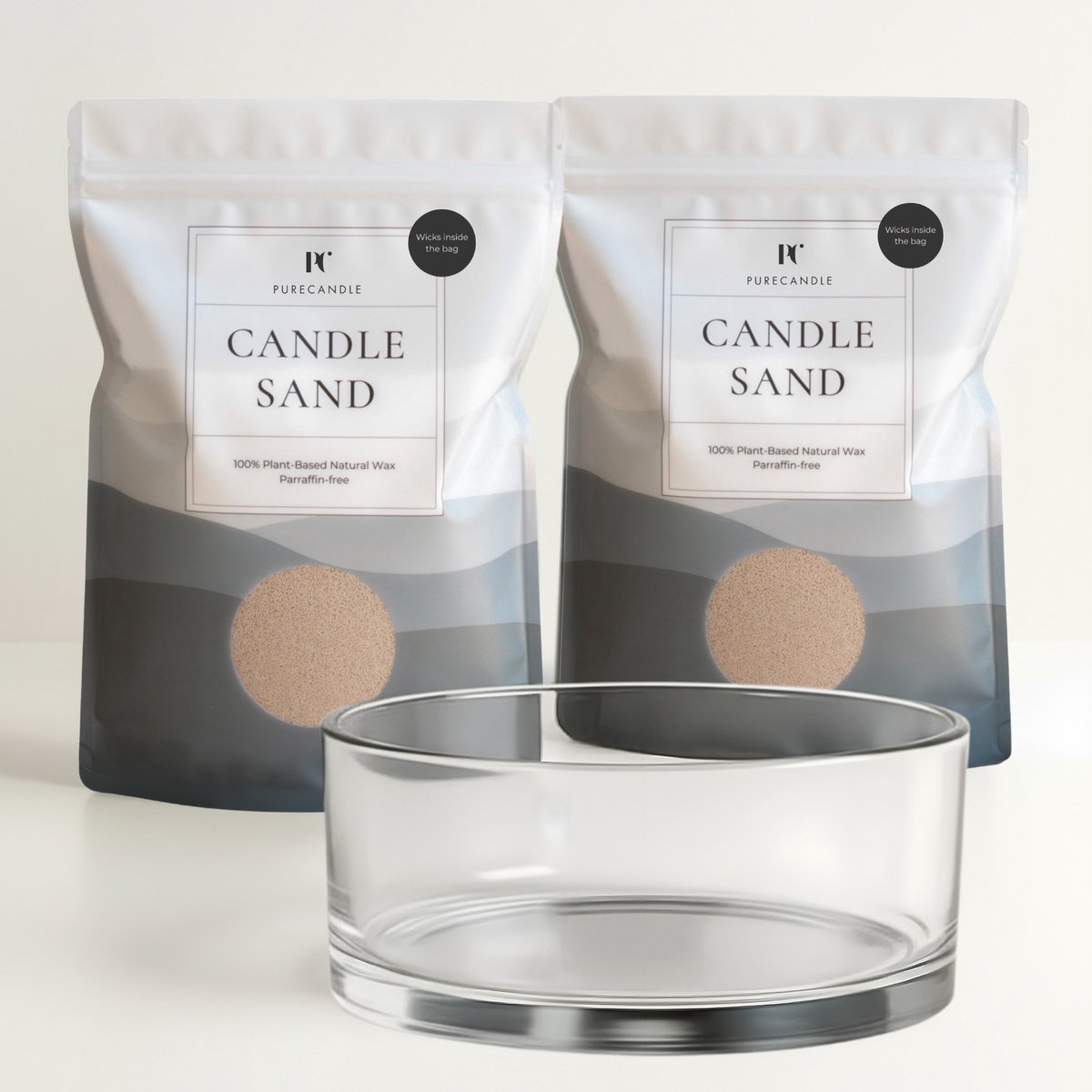PureCandle Kaarsenzand Cadeauset – Beige Kaarsenzand 900g + 60 Lonten – Glazen Schaal Clara Ø20 cm - Poederkaars Navulset & Kaarsendecoratie - Kaarszand starterpakket - Kaars parels