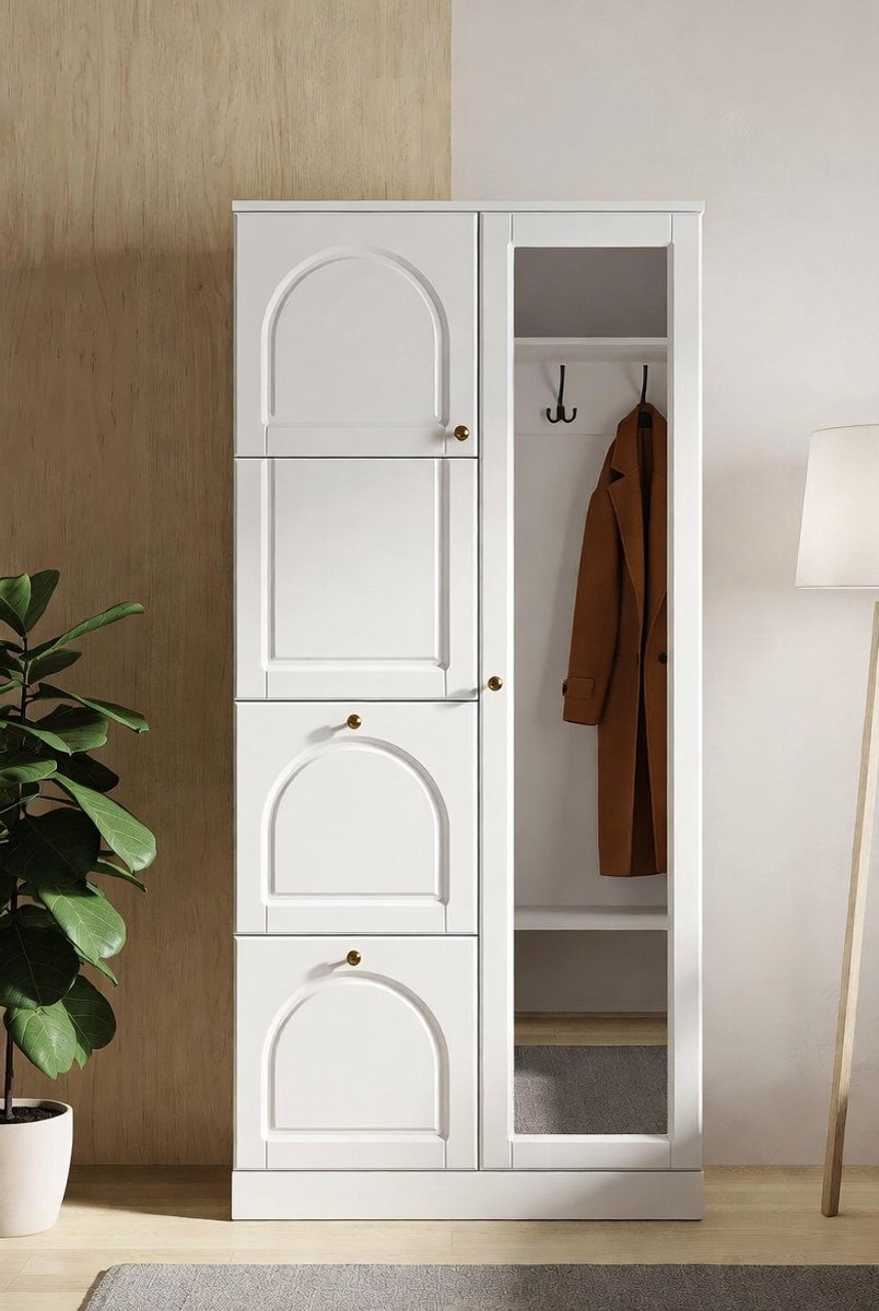 Luxe Moderne Schoenenkast met Spiegel en 4 Inklapbare Opbergvakken – Ruimtebesparende Hal Kast met Verstelbare Planken en Kantelbeveiliging – Wit 80 x 147 cm – Ganeey