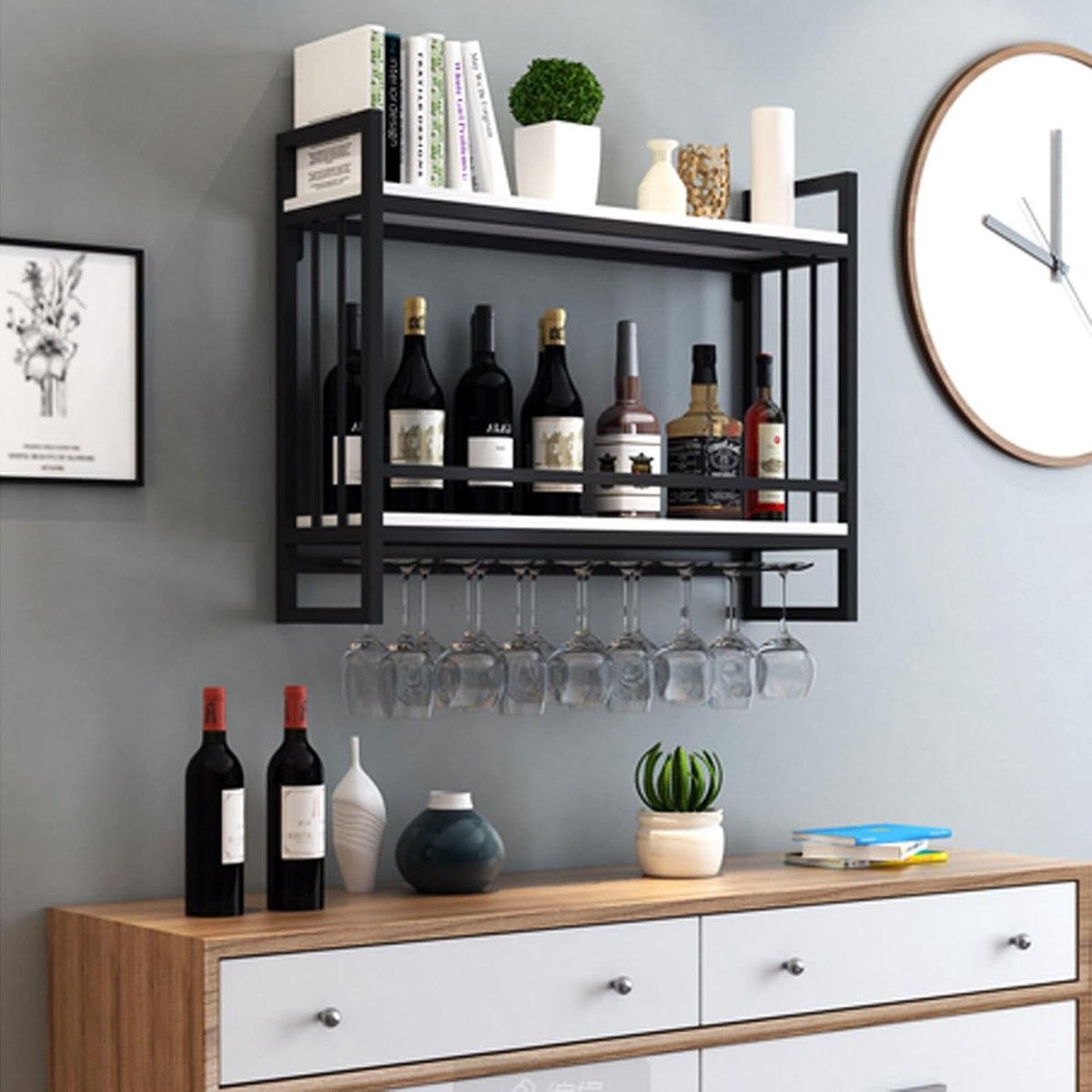 Wijnrek Wandbar Unit met Wijnglashouder & Opbergplanken – Zwevend Wandgemonteerd Barrek voor Wijnflessen & Glazen – 68,6 x 58,4 x 27,9 cm – HomebyNicole