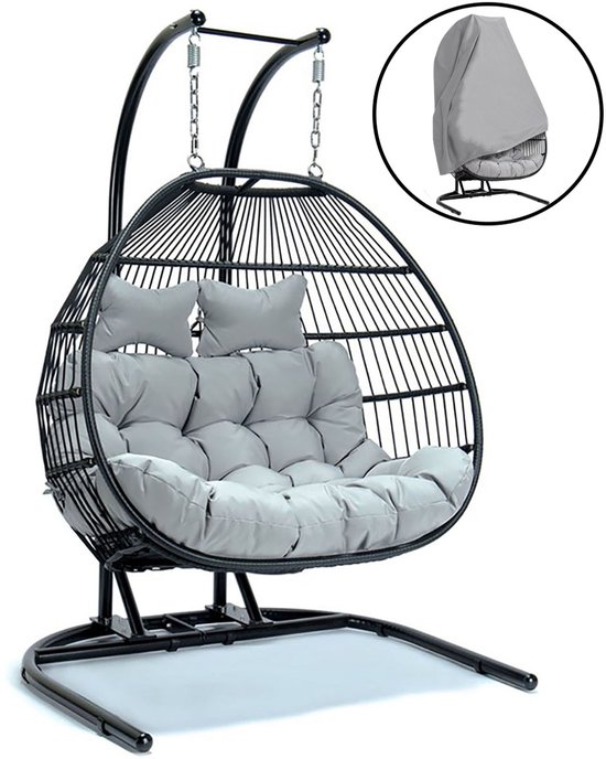 Ogarden Hangstoel Oslo met Weerhoes - 2 Persoons Hangstoel met Zwart Standaard - Luxe Grijs Kussen - Opvouwbare Basket - Voor Binnen & Buiten