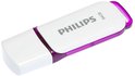 Witte Philips 64GB USB-stick met paarse accenten, schuin van voren gefotografeerd.