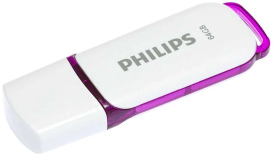Witte Philips 64GB USB-stick met paarse accenten, schuin van voren gefotografeerd.