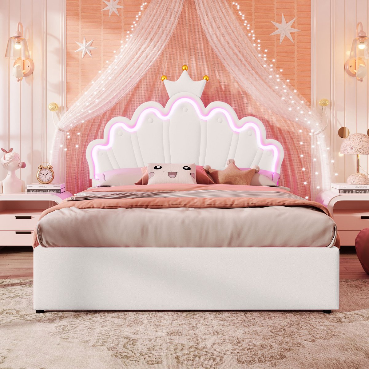 VVBV Gestoffeerd bed 140x200 / Tweepersoonsbed 140x200 – met Opbergruimte, Lades, LED-Verlichting – 2 Lades – Hoofdbord – Wit – Zonder Matras