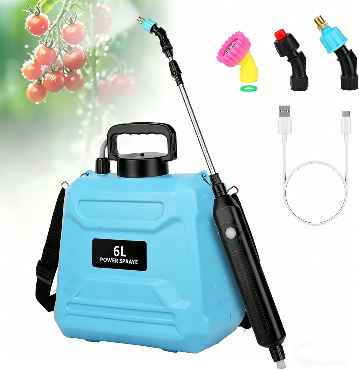 Rugsproeier tuin - Accu Drukspuit - 6L Elektrische Tuinsproeier - 3 Verstelbare Spuitmonden - blauw – Oplaadbaar via usb met 1m Waterslang - Voor Water geven & Schoonmaken