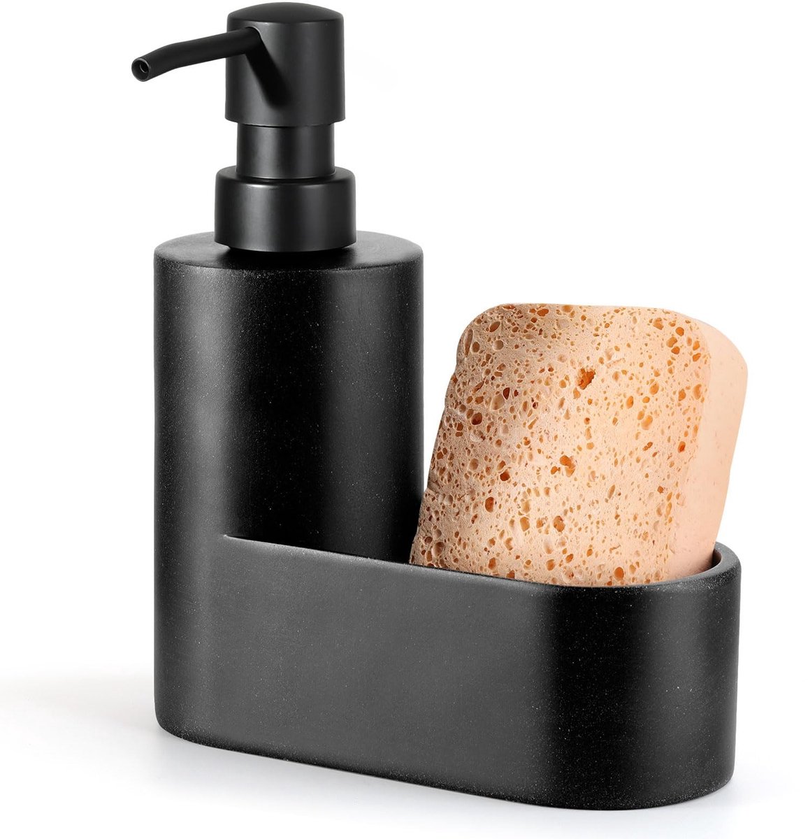 Allecto - Vaatzeepdispenser - Keukenzeepdispenser - 2-in-1 met sponshouder - Kiezelig zwart - Navulbare zeepdispenser - Perfect voor aanrecht en ba...