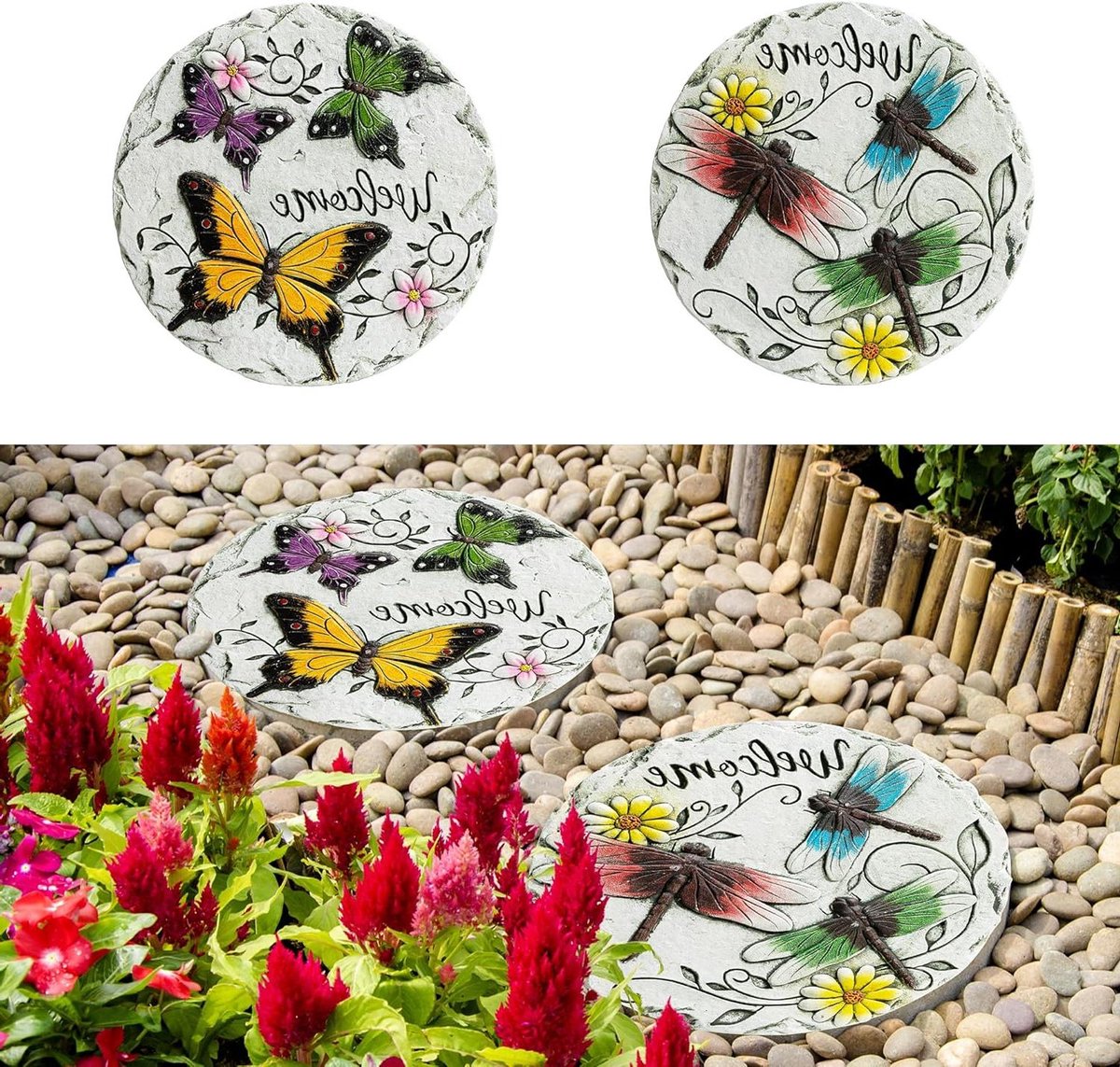 Stapstenen Set - Tuinpad Stenen - Tuin Decoratie - Handgeschilderd Vlinder Libelle - 25 cm Diameter - Meerkleurig