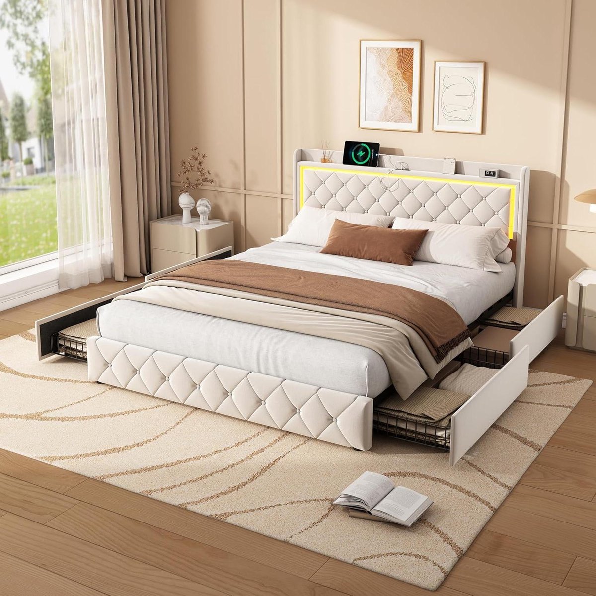 Gestoffeerd Tweepersoonsbed - Bed met Opbergruimte - Moderne Slaapkamer - Geïntegreerde LE