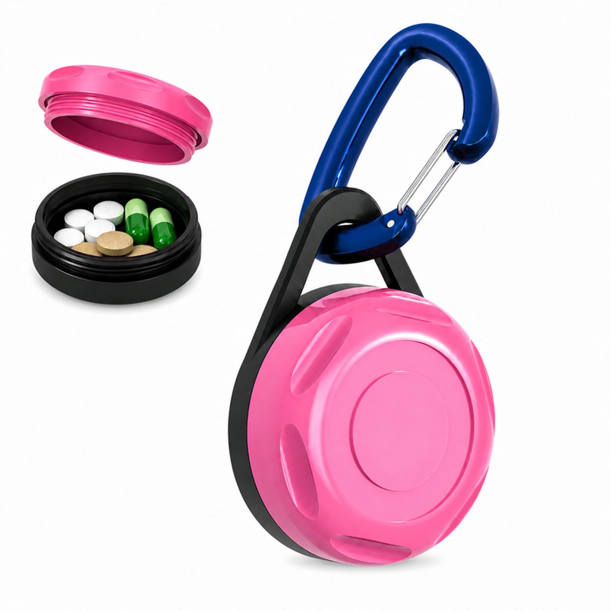 Mini Pillendoos Sleutelhanger – Compact Medicijndoosje voor Onderweg – Pillenhouder voor Reizen, Sleutelbos en Tas – Ø35 mm – Zwart/Roze